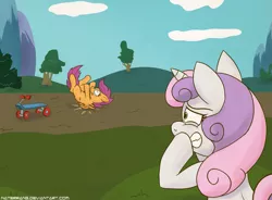 Size: 1223x900 | Tagged: accident, artist:naterrang, bail, crying, derpibooru import, falling, injured, safe, scootaloo, scooter, sweetie belle