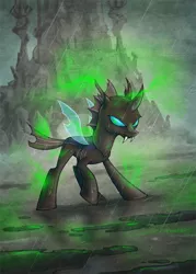 Size: 714x1000 | Tagged: artist:stasysolitude, aura, changeling, changeling magic, crystal castle, derpibooru import, fanfic art, frown, glare, magic, no holes, rain, raised hoof, safe, solo, wet