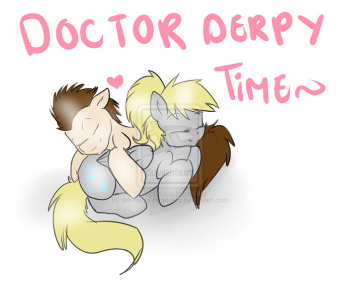 Size: 1024x910 | Tagged: dead source, safe, artist:rflzqt, derpibooru import, derpy hooves, doctor whooves, time turner, pegasus, pony, cuddling, deviantart watermark, doctorderpy, female, heart, male, mare, obtrusive watermark, ponytail, shipping, simple background, snuggling, straight, watermark