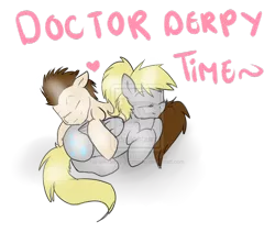 Size: 1024x910 | Tagged: dead source, safe, artist:rflzqt, derpibooru import, derpy hooves, doctor whooves, time turner, pegasus, pony, cuddling, deviantart watermark, doctorderpy, female, heart, male, mare, obtrusive watermark, ponytail, shipping, simple background, snuggling, straight, watermark