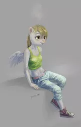 Size: 1273x1980 | Tagged: anthro, artist:kaermter, clothes, derpibooru import, derpy hooves, safe, simple background, sitting, solo, tanktop