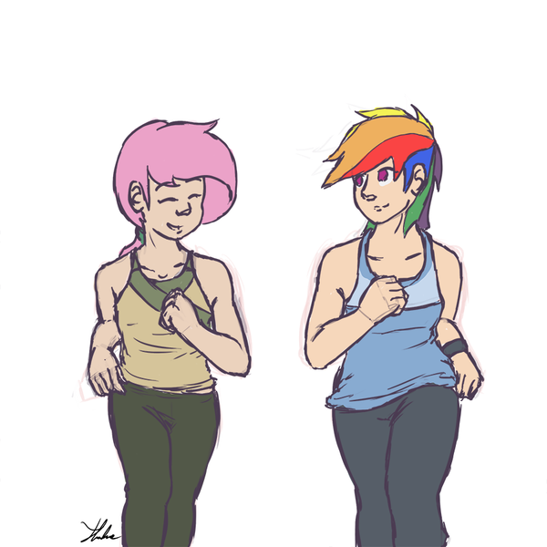 Size: 900x900 | Tagged: artist:xenstroke, derpibooru import, fluttershy, human, humanized, jogging, rainbow dash, safe