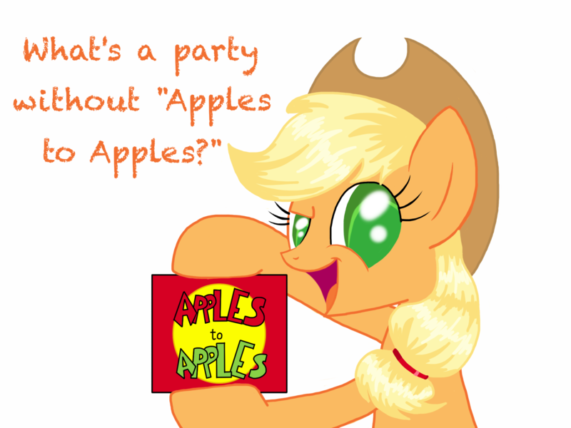 Size: 2026x1520 | Tagged: applejack, apples to apples, artist:lortstreet54, derpibooru import, game, safe, simple background, smiling, solo, that pony sure does love apples