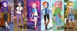 Size: 1540x620 | Tagged: alternate hairstyle, applejack, artist needed, boots, clothes, converse, derpibooru import, dressup, dressup game, explicit source, fluttershy, human, humanized, magical friends, pinkie pie, rainbow dash, rainbow socks, rarity, safe, sneakers, socks, source needed, striped socks, thigh highs, twilight sparkle, useless source url