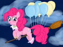 Size: 1024x768 | Tagged: arche klaine, artist:moekonya, artist:rioumcdohl26, balloon, blushing, broom, cloud, derpibooru import, flying, flying broomstick, looking back, night, night sky, open mouth, pinkie pie, safe, smiling, solo, tales of phantasia, tales of series, then watch her balloons lift her up to the sky