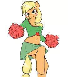 Size: 700x800 | Tagged: anthro, applejack, artist:glacierclear, belly button, blushing, breasts, cheerleader, clothes, derpibooru import, female, midriff, panties, pom pom, simple background, skirt, solo, solo female, suggestive, underwear, unguligrade anthro, upskirt