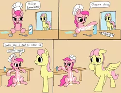 Size: 1487x1141 | Tagged: suggestive, artist:mspaint, derpibooru import, fluttershy, pinkie pie, pony, /mlp/, all the mares tease butterscotch, butterscotch, comic, cooking, dialogue, flirting, food, foodplay, hat, lewd, licking, messy, presenting, rule 63, sexual harassment, spoon, table, tongue out, whipped cream, wingboner
