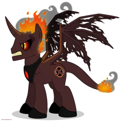 Size: 894x894 | Tagged: safe, artist:larsurus, derpibooru import, oc, unofficial characters only, alicorn, hybrid, pony, alicorn oc, curved horn, donut steel, joke oc, mane of fire, on fire, slit eyes, solo