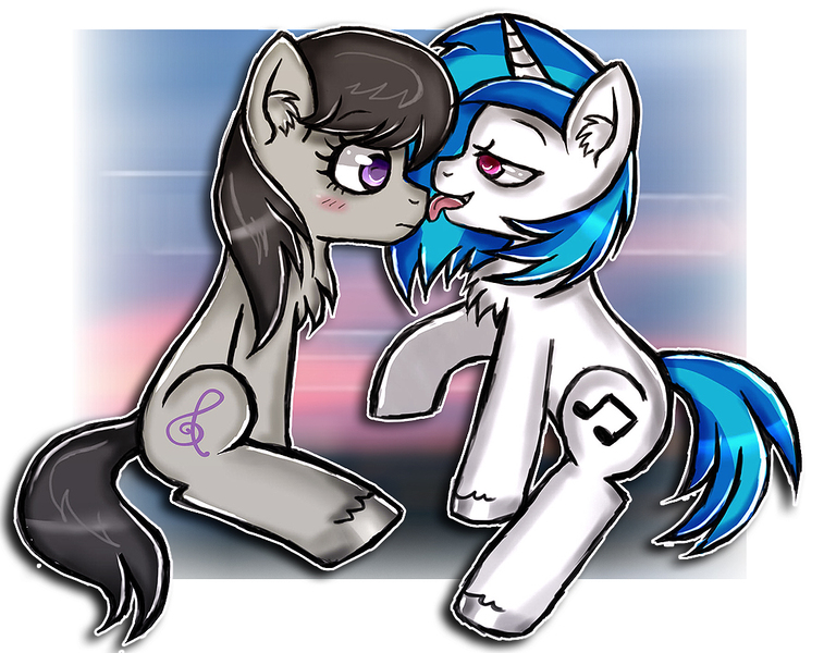 Size: 1116x884 | Tagged: safe, artist:sergclau, derpibooru import, octavia melody, vinyl scratch, female, lesbian, licking, scratchtavia, shipping