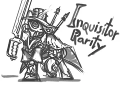 Size: 7020x4950 | Tagged: absurd resolution, artist:wreky, crossover, derpibooru import, giant hat, hat, inquisition, inquisitor, magic, monochrome, power sword, rarity, safe, sketch, solo, sword, telekinesis, warhammer 40k, warhammer (game)