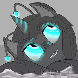 Size: 1000x1000 | Tagged: antennae, artist:khorme, derpibooru import, glowing eyes, glowing horn, grayscale, kaiju pony, looking up, monochrome, monster mare, neo noir, oc, oc:orchid, oc:ultramare, open mouth, partial color, pier, safe, sharp teeth, side, size difference, unofficial characters only