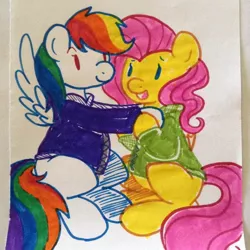 Size: 1280x1280 | Tagged: safe, artist:leslers, derpibooru import, fluttershy, rainbow dash, bottomless, clothes, female, flutterdash, lesbian, partial nudity, shipping, sweater, sweatershy, traditional art