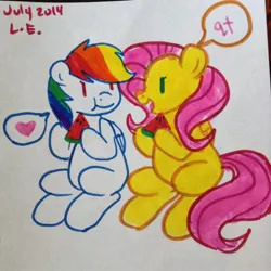 Size: 1280x1280 | Tagged: safe, artist:leslers, derpibooru import, fluttershy, rainbow dash, female, flutterdash, heart, lesbian, shipping, traditional art, watermelon