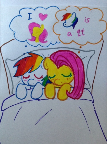 Size: 956x1280 | Tagged: safe, artist:leslers, derpibooru import, fluttershy, rainbow dash, bed, female, flutterdash, heart, lesbian, shipping, sleeping, traditional art