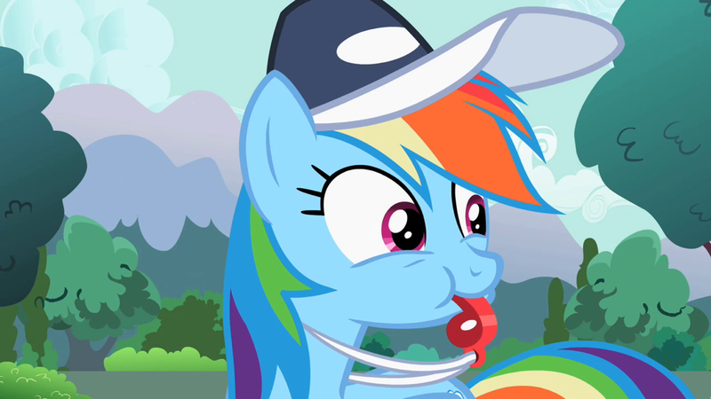 Size: 1024x576 | Tagged: blowing, cap, derpibooru import, hat, may the best pet win, puffy cheeks, rainblow dash, rainbow dash, safe, screencap, solo, whistle