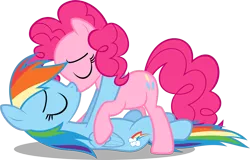 Size: 2307x1473 | Tagged: safe, artist:zacatron94, derpibooru import, pinkie pie, rainbow dash, eyes closed, female, kissing, lesbian, on back, pinkiedash, shipping, simple background, transparent background, vector