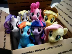 Size: 1160x868 | Tagged: safe, artist:buttercupbabyppg, derpibooru import, applejack, derpy hooves, fluttershy, pinkie pie, rainbow dash, rarity, twilight sparkle, pegasus, pony, box, cardboard box, cute, female, irl, looking at you, mane six, mare, photo, plushie, pony in a box, shipping, smiling