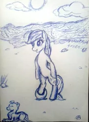 Size: 426x586 | Tagged: safe, artist:gpgo-sparkling-panda, derpibooru import, applejack, winona, pony, beach, beach ball, bipedal, monochrome, ocean, solo, traditional art