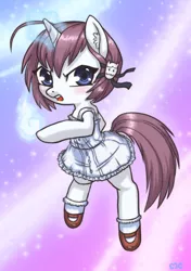 Size: 658x937 | Tagged: safe, artist:mcponyponypony, derpibooru import, oc, ponified, unofficial characters only, ghost, unicorn, anime, blue eyes, bow, brown mane, clothes, dress, fanart, female, filly, hair bow, horn, magic, open mouth, request, rokujouma no shinryakusha, sanae higashihongan, shoes, socks, solo, white coat