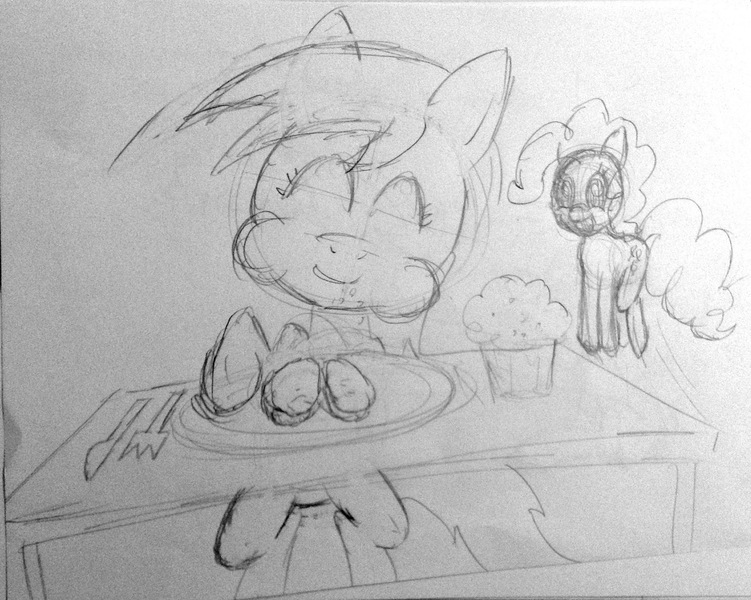 Size: 2203x1760 | Tagged: safe, artist:infinitydash, derpibooru import, derpy hooves, pinkie pie, pegasus, pony, baked potato, dinner, female, livestream, mare, monochrome, muffin, pencil drawing, sketch, traditional art