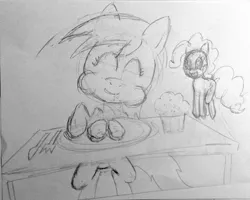 Size: 2203x1760 | Tagged: safe, artist:infinitydash, derpibooru import, derpy hooves, pinkie pie, pegasus, pony, baked potato, dinner, female, livestream, mare, monochrome, muffin, pencil drawing, sketch, traditional art