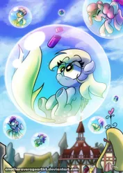 Size: 752x1063 | Tagged: safe, artist:anotheraverageartist, derpibooru import, applejack, derpy hooves, fluttershy, pinkie pie, rainbow dash, rarity, spike, twilight sparkle, twilight sparkle (alicorn), alicorn, earth pony, pegasus, pony, unicorn, bubble, cloud, cloudy, ear fluff, eyes closed, in bubble, mane seven, mane six, open mouth, ponyville, shocked, sitting, sky, smiling, wide eyes