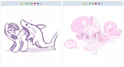 Size: 698x378 | Tagged: safe, derpibooru import, rarity, twilight sparkle, pony, shark, unicorn, derpibooru, ass up, biting, butt bite, exploitable meme, female, heart, juxtaposition, juxtaposition win, looking back, mare, meme, meta