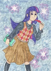 Size: 1275x1754 | Tagged: artist:enigmaticthief, book, clothes, derpibooru import, feather, human, humanized, pixiv, safe, skirt, solo, twilight sparkle