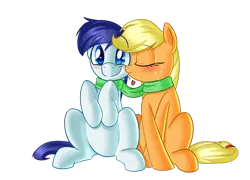 Size: 1024x737 | Tagged: safe, artist:january3rd, derpibooru import, applejack, oc, oc:constance everheart, blushing, canon x oc, clothes, everjack, heart, kissing, scarf, shared clothing, shared scarf, shipping, simple background, transparent background