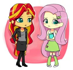 Size: 629x607 | Tagged: safe, artist:twilite-sparkleplz, derpibooru import, fluttershy, sunset shimmer, equestria girls, blushing, book, chibi, clothes, female, lesbian, shipping, skirt, sunshyne, tanktop