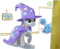 Size: 900x735 | Tagged: safe, artist:foudubulbe, derpibooru import, maud pie, trixie, pony, comic:damp rocks, accessory swap, blushing, female, hat, hat swap, lesbian, mauxie, shipping, the great and powerful, trixie's cape, trixie's hat