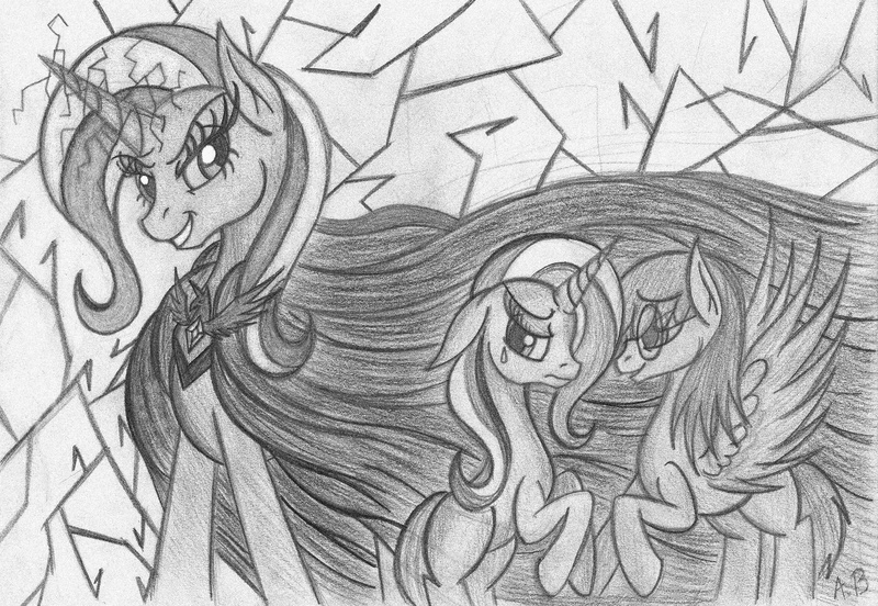 Size: 2324x1604 | Tagged: safe, artist:rossmaniteanzu, derpibooru import, trixie, oc, oc:cloud tumble, alicorn amulet, canon x oc, comforting, crying, memory, monochrome, sad, traditional art, trixietumble