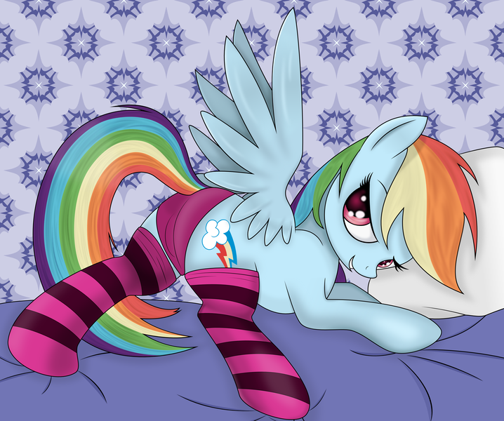 Size: 3592x3000 | Tagged: artist:arianfis, artist:rainbow, backwards cutie mark, bedroom eyes, clothes, colored, derpibooru import, female, high res, panties, rainbow dash, socks, solo, striped socks, suggestive, underwear