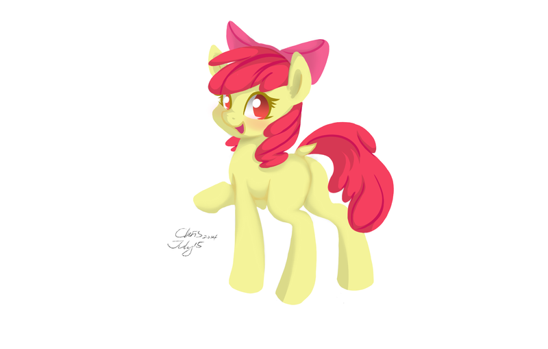 Size: 2200x1400 | Tagged: safe, artist:xcopyen002, derpibooru import, apple bloom, earth pony, pony, blank flank, bloom butt, blushing, bow, butt, dock, female, filly, foal, hair bow, happy, looking at you, looking back, looking back at you, one hoof raised, plot, raised hoof, signature, simple background, smiling, smiling at you, solo, standing, white background