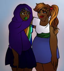 Size: 430x480 | Tagged: applejack, artist:blackqueerbravado, dark skin, derpibooru import, human, humanized, rainbow dash, safe, why meph why