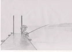 Size: 3510x2550 | Tagged: safe, artist:elgregorpl, derpibooru import, lyra heartstrings, pony, unicorn, fishing, fishing rod, fog, lake, looking away, mist, monochrome, poland, reflection, sitting, sitting lyra, solo, traditional art