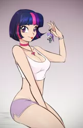 Size: 623x960 | Tagged: suggestive, artist:scorpdk, derpibooru import, trixie, twilight sparkle, human, :p, adorasexy, alternate hairstyle, boyshorts, bracelet, breasts, busty twilight sparkle, choker, cleavage, clothes, curvy, cute, female, humanized, keychain, looking at you, midriff, neckband, necklace, paint tool sai, panties, purple eyes, sexy, short hair, shorts, sitting, smiling, solo, solo female, sultry pose, tan lines, tanktop, thighs, tongue out, twiabetes, underwear, watch, wristwatch