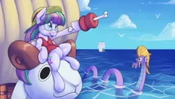 Size: 1920x1080 | Tagged: safe, artist:asai-gomen, derpibooru import, blossomforth, steven magnet, blossomforth is best pony, crossover, going merry, meat, monkey d luffy, one piece, pirate, sea king, straw hat