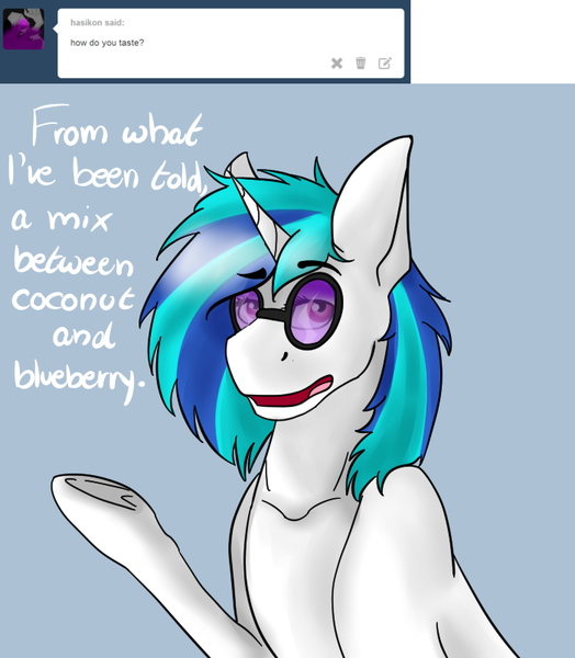 Size: 700x802 | Tagged: safe, derpibooru import, vinyl scratch, ask transdjpon-3, ask, record scrape, solo, taste, transgender, trans vinyl, tumblr, underhoof