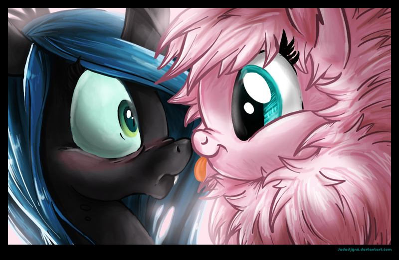 Size: 1246x814 | Tagged: safe, artist:jadedjynx, derpibooru import, queen chrysalis, oc, oc:fluffle puff, :p, blushing, boop, canon x oc, chrysipuff, eye contact, female, frown, lesbian, looking at each other, nose wrinkle, noseboop, shipping, smiling, tongue out, wide eyes