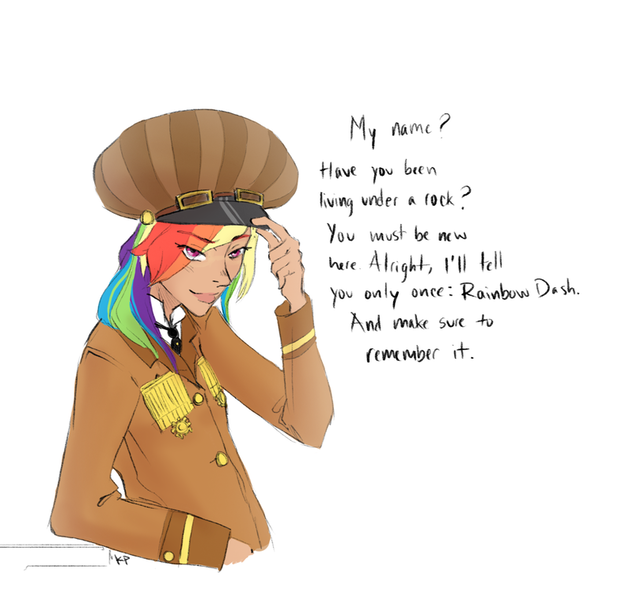 Size: 800x758 | Tagged: alternate universe, artist:demdoodles, aviator, dead source, derpibooru import, dialogue, diplomat-verse, fashion, hat, human, humanized, rainbow dash, safe, simple background, solo, white background