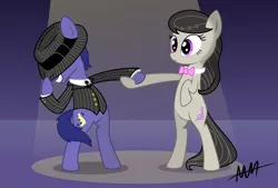 Size: 8486x5738 | Tagged: safe, artist:drewdini, derpibooru import, octavia melody, oc, earth pony, pony, absurd resolution, bipedal, bowtie, clothes, dancing, fedora, female, frown, grin, hat, holding hooves, hoof hold, male, mare, necktie, smiling, spotlight, squee, stallion, suit, wide eyes