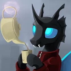 Size: 2000x2000 | Tagged: artist:dimfann, changeling, clothes, coffee mug, derpibooru import, fangs, hoof hold, magic, safe, smiling, solo, sweater, tea, teapot, telekinesis