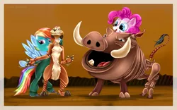 Size: 1250x782 | Tagged: safe, artist:lova-gardelius, derpibooru import, pinkie pie, rainbow dash, pony, bipedal, broadway, crossover, pumbaa, puppet, the lion king, timon