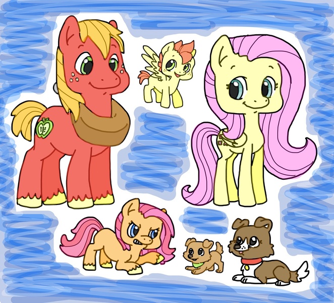 Size: 1480x1342 | Tagged: safe, artist:emmeredith14, derpibooru import, big macintosh, fluttershy, winona, oc, earth pony, pony, fluttermac, male, offspring, parent:big macintosh, parent:fluttershy, parents:fluttermac, puppy, shipping, stallion, straight