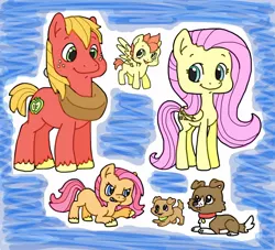 Size: 1480x1342 | Tagged: safe, artist:emmeredith14, derpibooru import, big macintosh, fluttershy, winona, oc, earth pony, pony, fluttermac, male, offspring, parent:big macintosh, parent:fluttershy, parents:fluttermac, puppy, shipping, stallion, straight