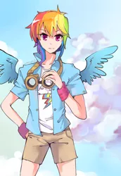 Size: 900x1308 | Tagged: artist:cuhenghdj, clothes, derpibooru import, female, goggles, human, humanized, looking at you, rainbow dash, safe, shorts, solo, spread wings, winged humanization, wings, wristband