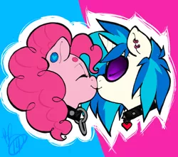 Size: 600x530 | Tagged: artist:collaredginger, boop, collar, derpibooru import, earring, eyes closed, female, head, kissing, lesbian, noseboop, piercing, pinkie pie, safe, shipping, smiling, spiked collar, vinylpie, vinyl scratch