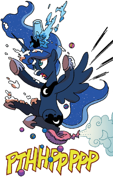 Size: 490x775 | Tagged: safe, derpibooru import, idw, princess luna, pony, spoiler:comic, spoiler:comicff7, comic, cute, dignity, fart noise, food, majestic as fuck, marbles, pie, prank, silly, silly pony, solo, water, whoopie cushion