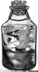 Size: 472x904 | Tagged: alcohol, artist:tentajack, bottle, derpibooru import, drunk, fallout equestria, fallout equestria: project horizons, monochrome, oc, oc:blackjack, pony in a bottle, semi-grimdark, simple background, solo, straw, trapped, unofficial characters only, whiskey, white background